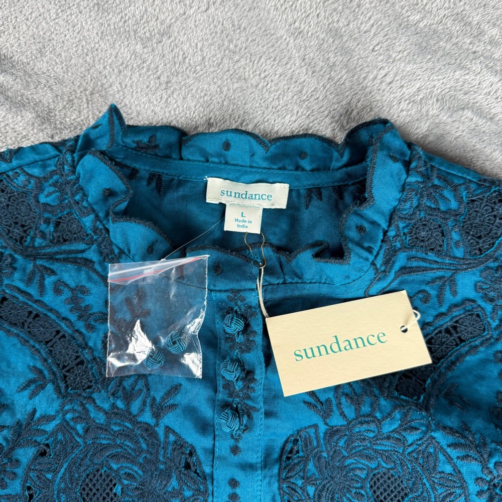 Sundance Top NWT Large Blue Floral Lace Embroidered Eyelet Blouse Whimsygoth - Picture 3 of 16